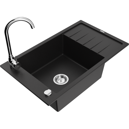 Mexen Elias granite kitchen sink 1-bowl with drainer and Telma kitchen faucet, black - 6511-77-670200-00