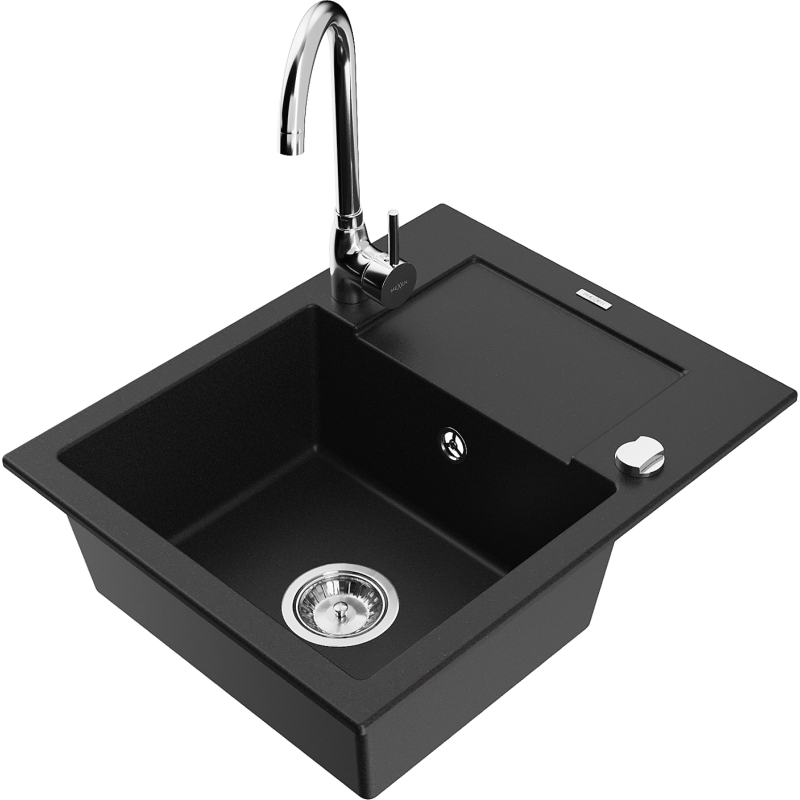 Mexen Enzo granitdiskho med 1 fack och avrinningsyta och köksblandare Telma, svart - 6506-77-670200-00
