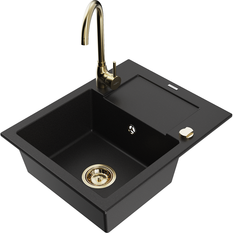 Mexen Enzo 1-bowl granite kitchen sink with drainer and Telma kitchen tap, black - 6506-77-670200-50