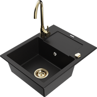 Mexen Enzo 1-bowl granite kitchen sink with drainer and Telma kitchen tap, black - 6506-77-670200-50