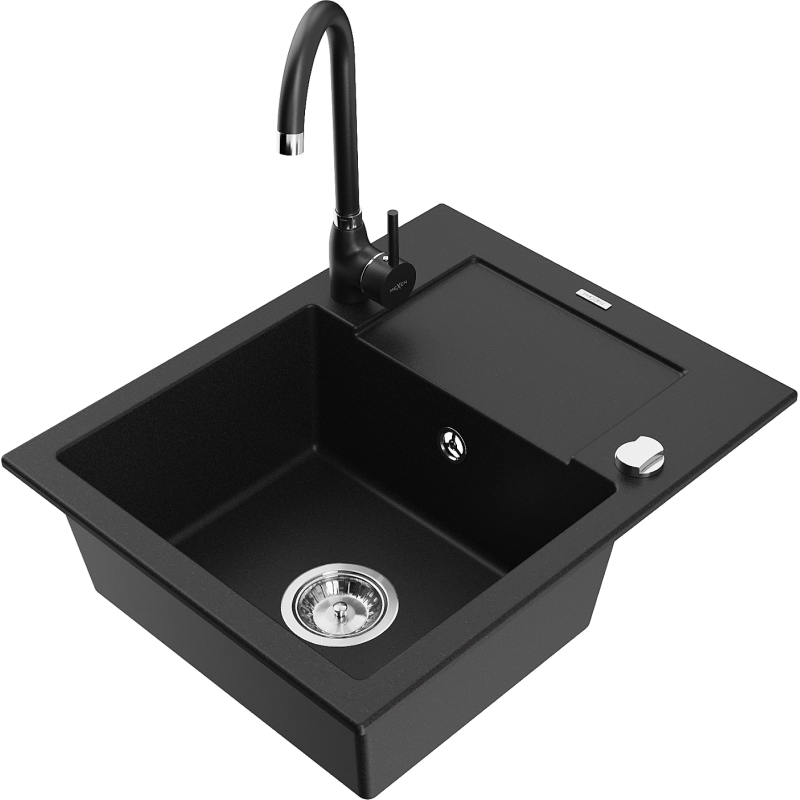 Mexen Enzo fregadero de granito de 1 cubeta con escurridor y grifo de cocina Telma, negro - 6506-77-670200-70
