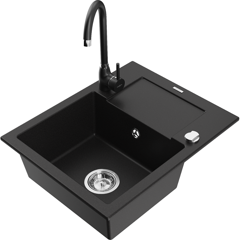 Mexen Enzo fregadero de granito de 1 seno con escurridor y grifo de cocina Telma, negro - 6506-77-670200-70