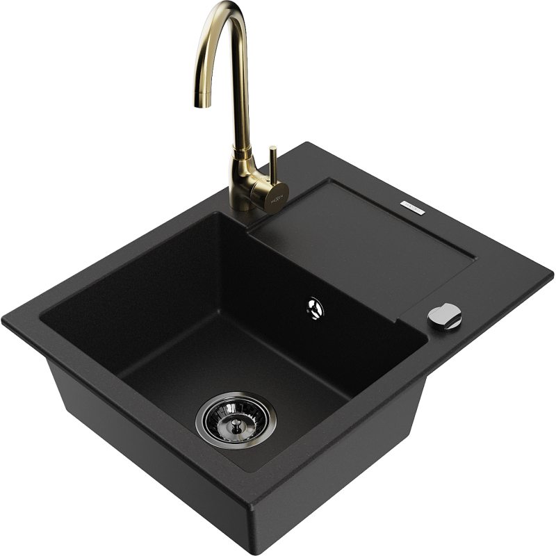 Mexen Enzo Granit-Spullsteen mat enger Schoss eent Fach mat Oflaaf an Kichenkran Telma, schwaarz - 6506-77-670200-50-B