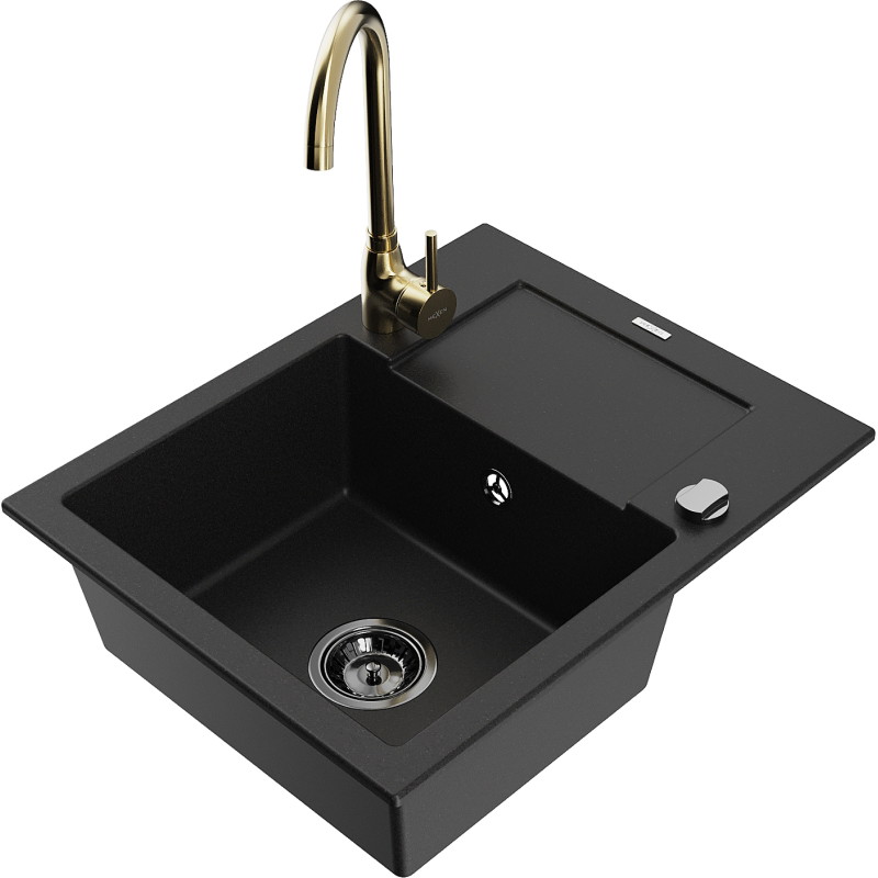 Mexen Enzo Granitspüle 1-becken mit Abtropfbecken und Küchenarmatur Telma, schwarz - 6506-77-670200-50-B