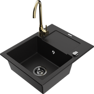 Mexen Enzo Granit-Spullsteen mat enger Schoss eent Fach mat Oflaaf an Kichenkran Telma, schwaarz - 6506-77-670200-50-B
