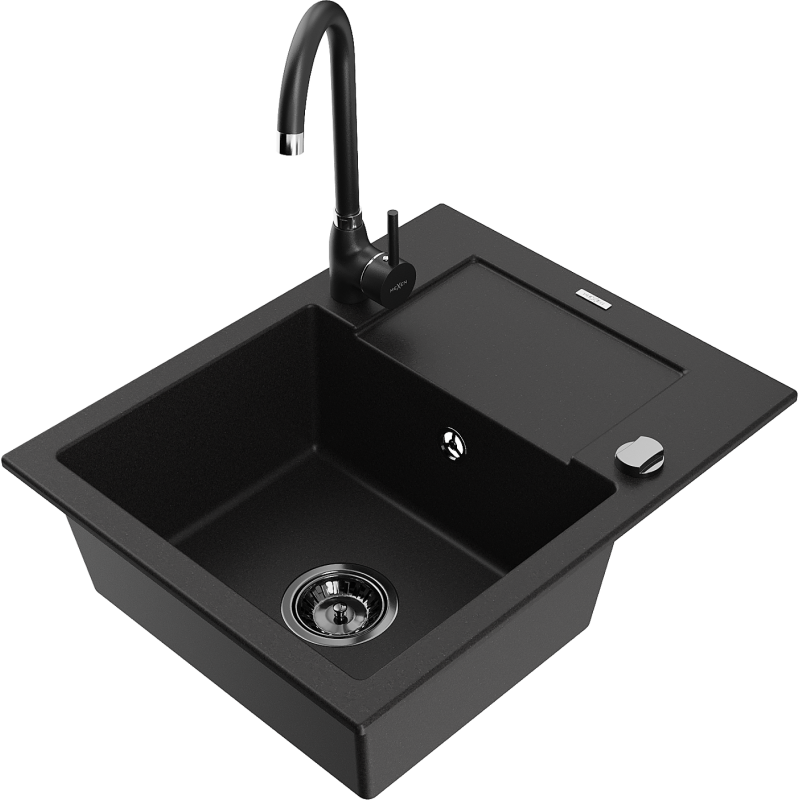 Mexen Enzo fregadero de granito de 1 seno con escurridor y grifo de cocina Telma, negro - 6506-77-670200-70-B