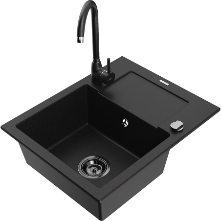 Mexen Enzo fregadero de granito de 1 cubeta con escurridor y grifo de cocina Telma, negro - 6506-77-670200-70-B