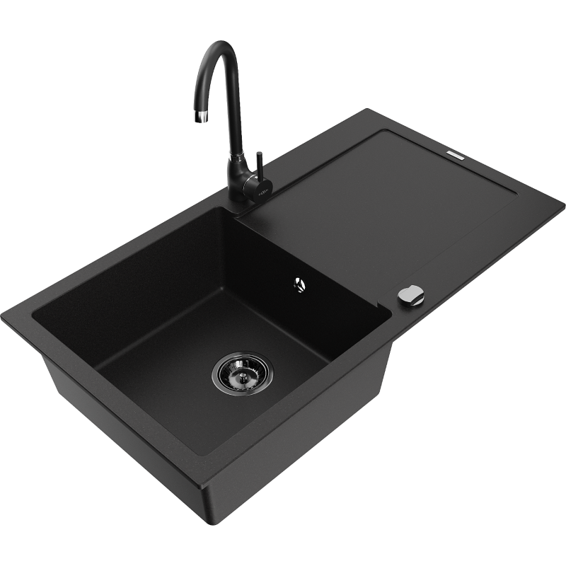 Mexen Leo granite sink 1-bowl with drainer and Telma kitchen tap, black - 6501-77-670200-70-B