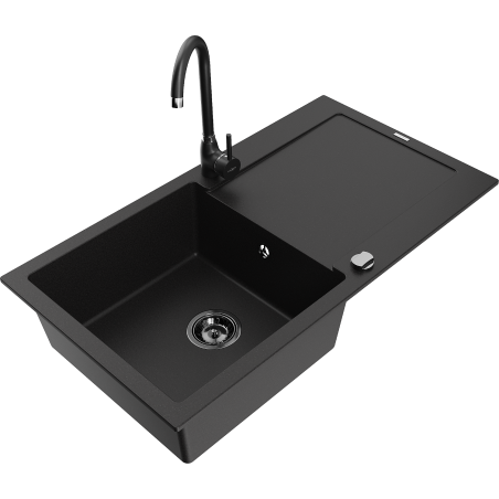 Mexen Leo Telma 1-bowl granite sink with drainer and kitchen faucet, black - 6501-77-670200-70-B
