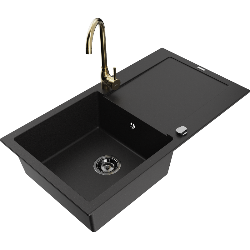 Mexen Leo évier en granit à 1 bac avec égouttoir et robinet de cuisine Telma, noir - 6501-77-670200-50-B