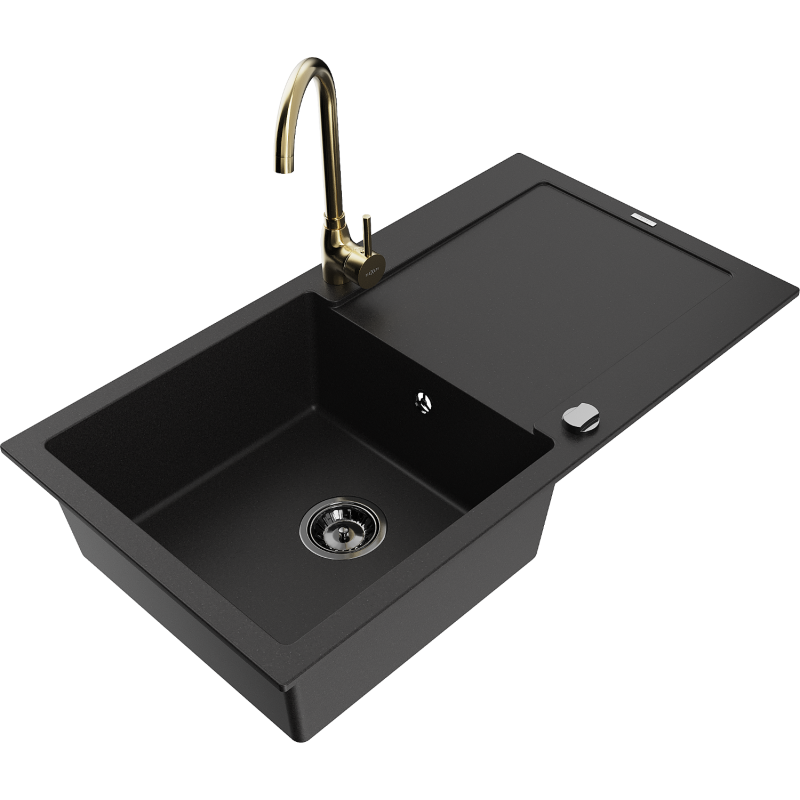 Mexen Leo granite sink 1-bowl with drainer and Telma kitchen tap, black - 6501-77-670200-50-B