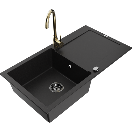 Mexen Leo évier en granit à 1 bac avec égouttoir et robinet de cuisine Telma, noir - 6501-77-670200-50-B