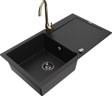 Mexen Leo granite sink 1-bowl with drainer and Telma kitchen tap, black - 6501-77-670200-50-B