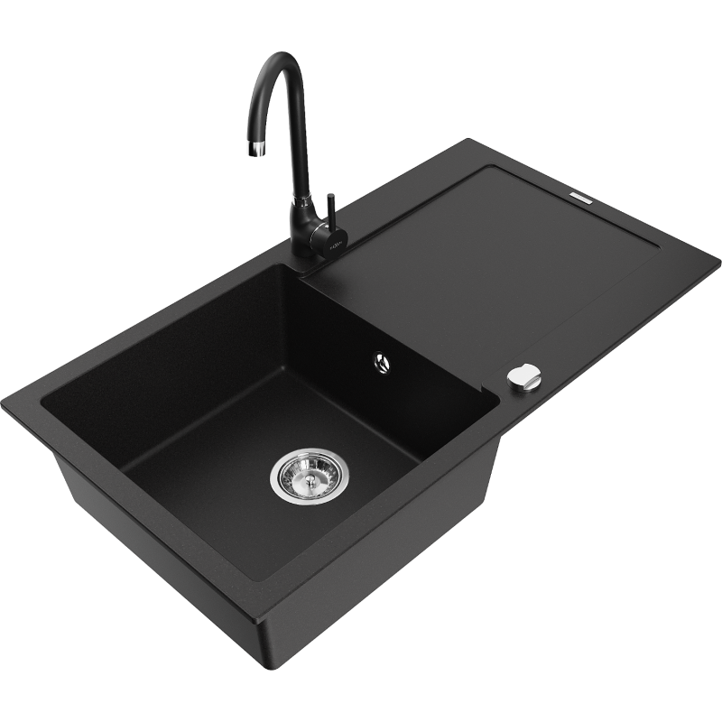 Mexen Leo granite sink 1-bowl with drainer and Telma kitchen tap, black - 6501-77-670200-70