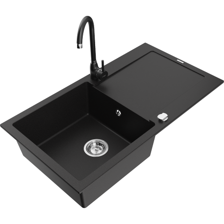 Mexen Leo granite kitchen sink 1-bowl with drainer and kitchen faucet Telma, black - 6501-77-670200-70
