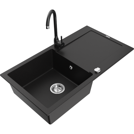 Mexen Leo granite sink 1-bowl with drainer and Telma kitchen tap, black - 6501-77-670200-70