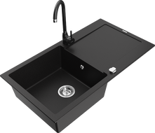 Mexen Leo granite sink 1-bowl with drainer and Telma kitchen tap, black - 6501-77-670200-70