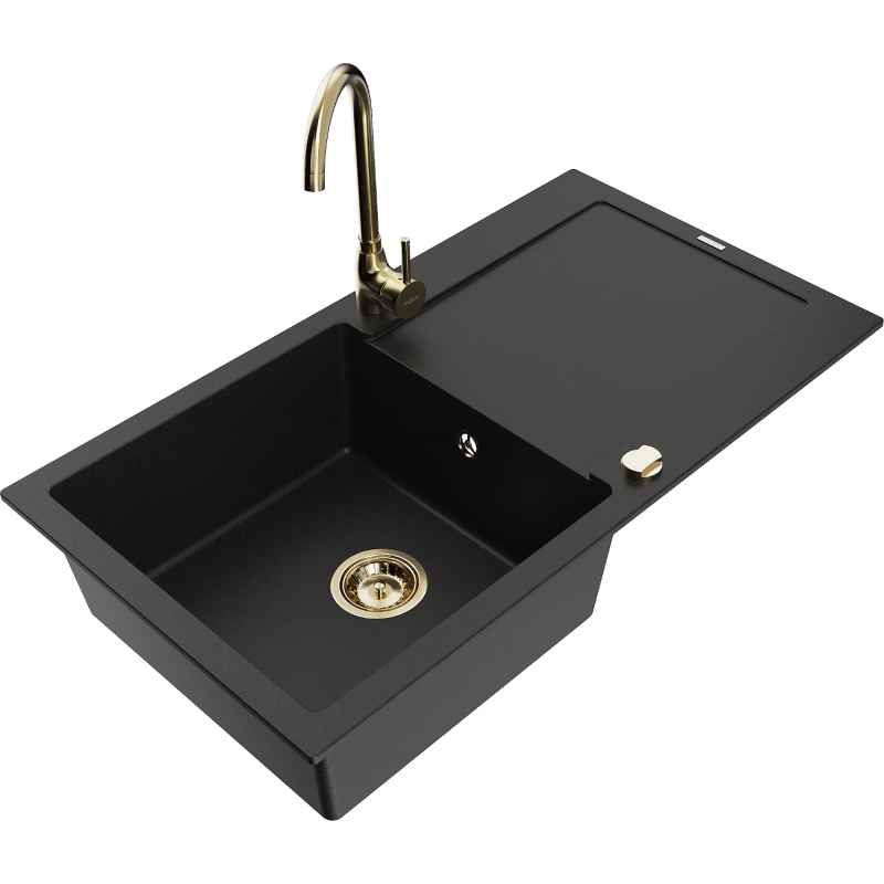 Mexen Leo 1-bowl granite sink with drainer and Telma kitchen tap, black - 6501-77-670200-50
