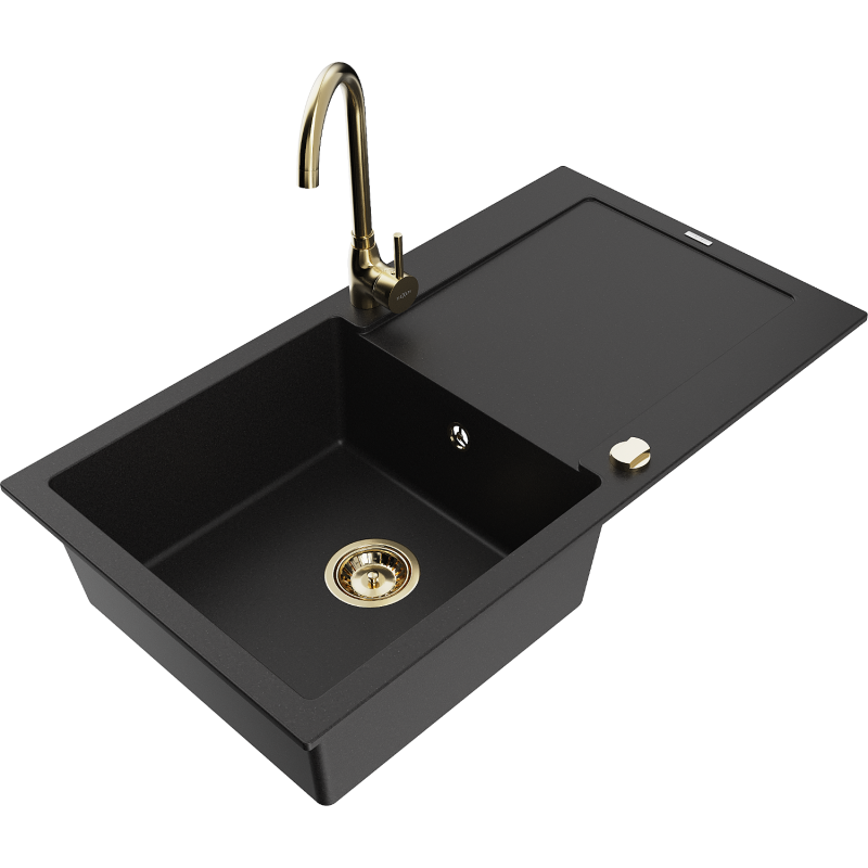 Mexen Leo fregadero de granito de 1 seno con escurridor y grifo de cocina Telma, negro - 6501-77-670200-50