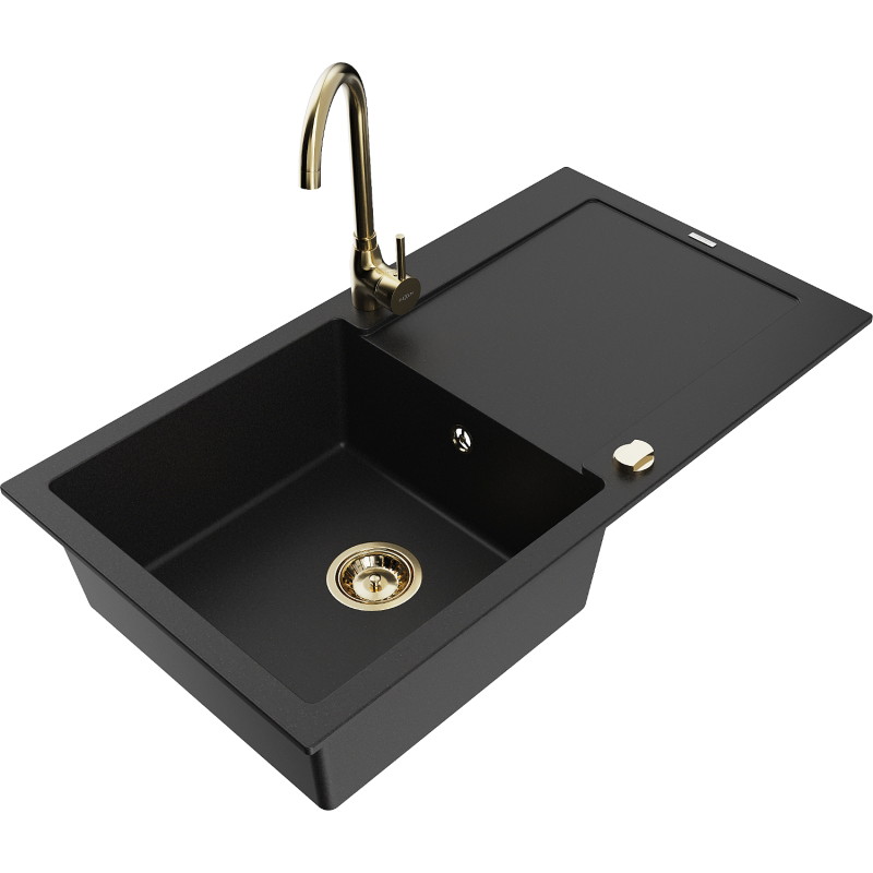 Mexen Leo granite kitchen sink single bowl with drainer and kitchen faucet Telma, black - 6501-77-670200-50