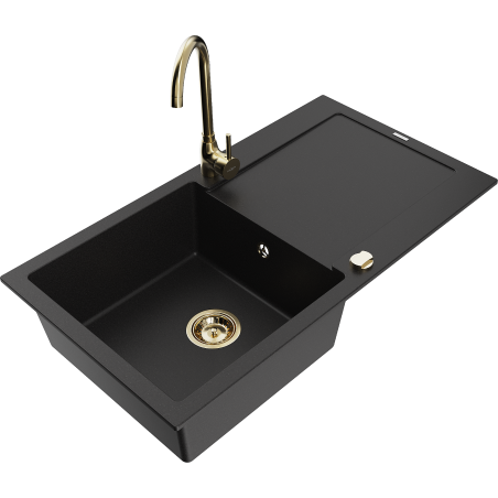 Mexen Leo 1-bowl granite sink with drainer and Telma kitchen tap, black - 6501-77-670200-50