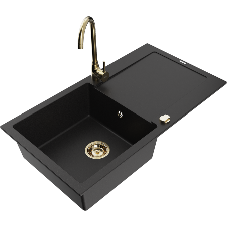 Mexen Leo granite kitchen sink single bowl with drainer and kitchen faucet Telma, black - 6501-77-670200-50