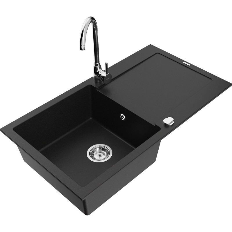 Mexen Leo granite kitchen sink 1-bowl with drainer and Telma kitchen faucet, black - 6501-77-670200-00