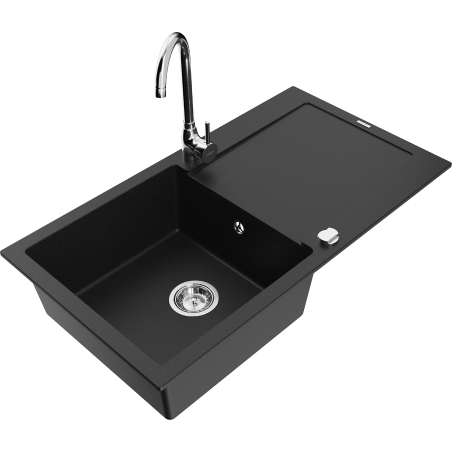 Mexen Leo granite kitchen sink 1-bowl with drainer and Telma kitchen faucet, black - 6501-77-670200-00