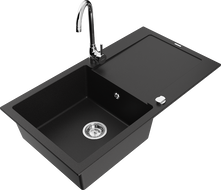 Mexen Leo granite kitchen sink 1-bowl with drainer and Telma kitchen faucet, black - 6501-77-670200-00