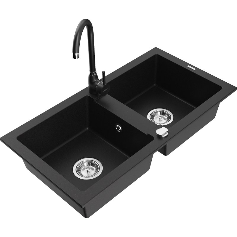 Mexen Mario fregadero de granito de 2 compartimentos con grifo de cocina Telma, negro - 6504-77-670200-70