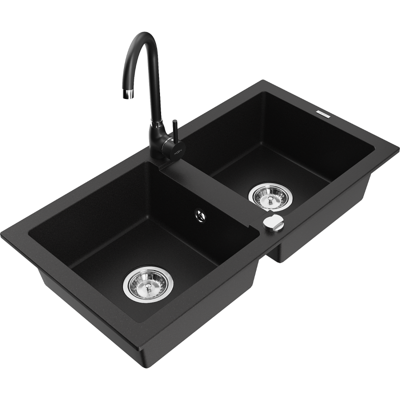 Mexen Mario fregadero de granito de 2 senos con grifo de cocina Telma, negro - 6504-77-670200-70