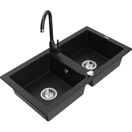 Mexen Mario fregadero de granito de 2 compartimentos con grifo de cocina Telma, negro - 6504-77-670200-70
