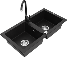 Mexen Mario granite double-bowl sink with Telma kitchen faucet, black - 6504-77-670200-70