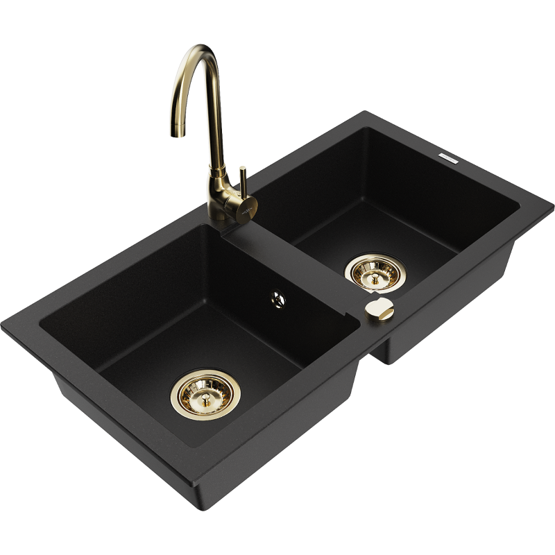 Mexen Mario fregadero de granito de 2 compartimentos con grifo de cocina Telma, negro - 6504-77-670200-50