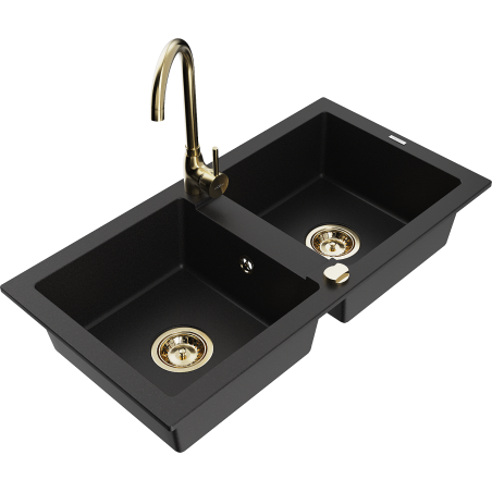 Mexen Mario granite sink 2-bowl with Telma kitchen tap, black - 6504-77-670200-50