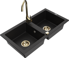Mexen Mario granite sink 2-bowl with Telma kitchen tap, black - 6504-77-670200-50