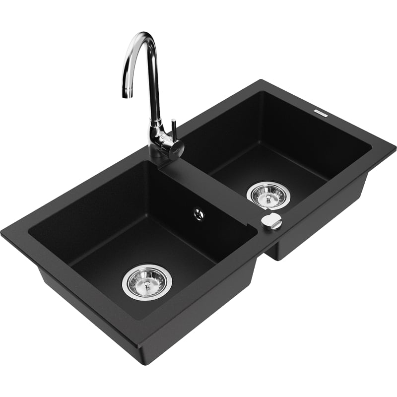 Mexen Mario fregadero de granito de 2 senos con grifo de cocina Telma, negro - 6504-77-670200-00