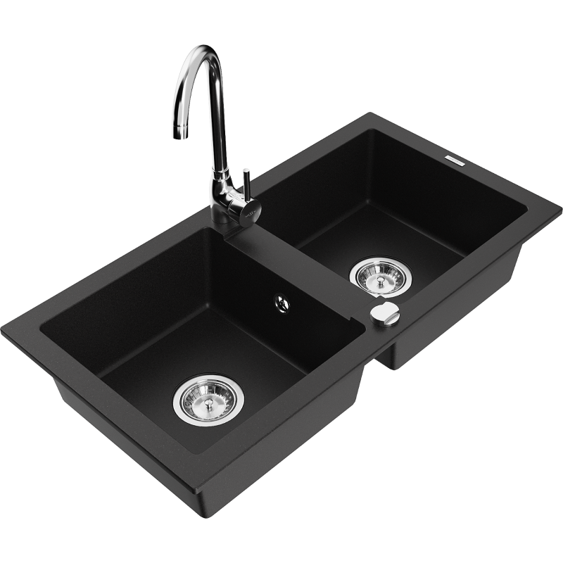Mexen Mario granitdiskbänk med 2 fack och Telma köksblandare, svart - 6504-77-670200-00