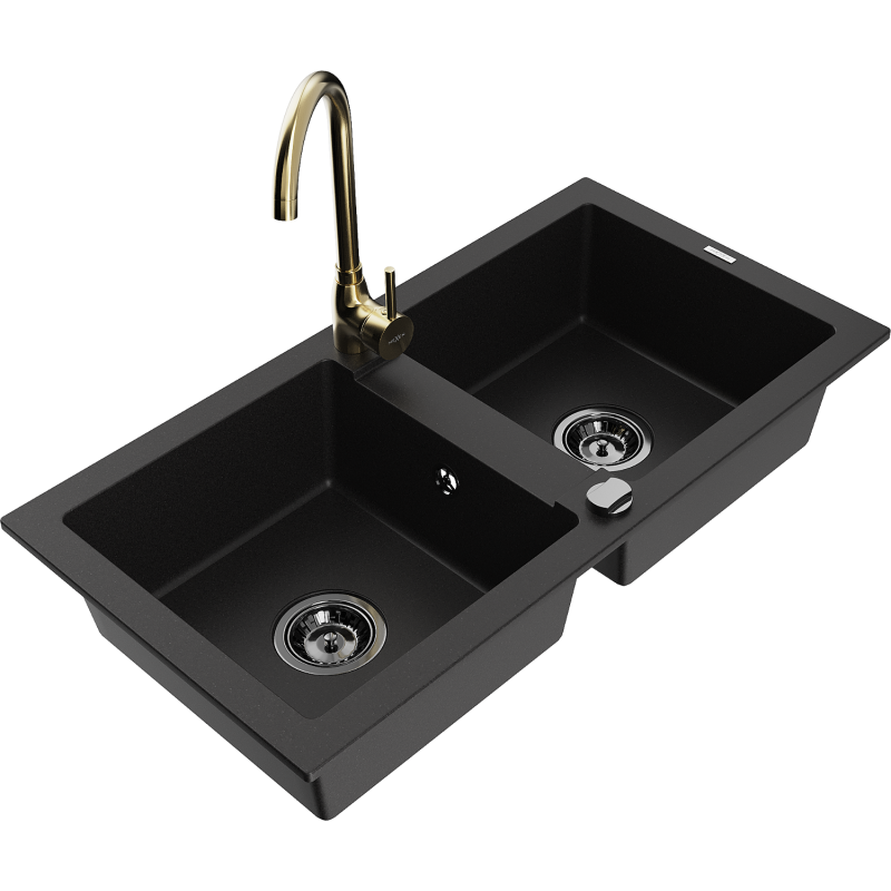 Mexen Mario 2-bowl granite sink with Telma kitchen tap, black - 6504-77-670200-50-B