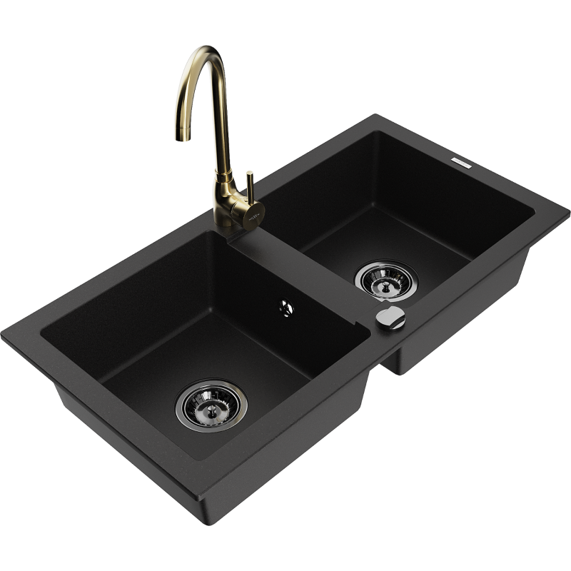 Mexen Mario fregadero de granito 2 senos con grifo de cocina Telma, negro - 6504-77-670200-50-B