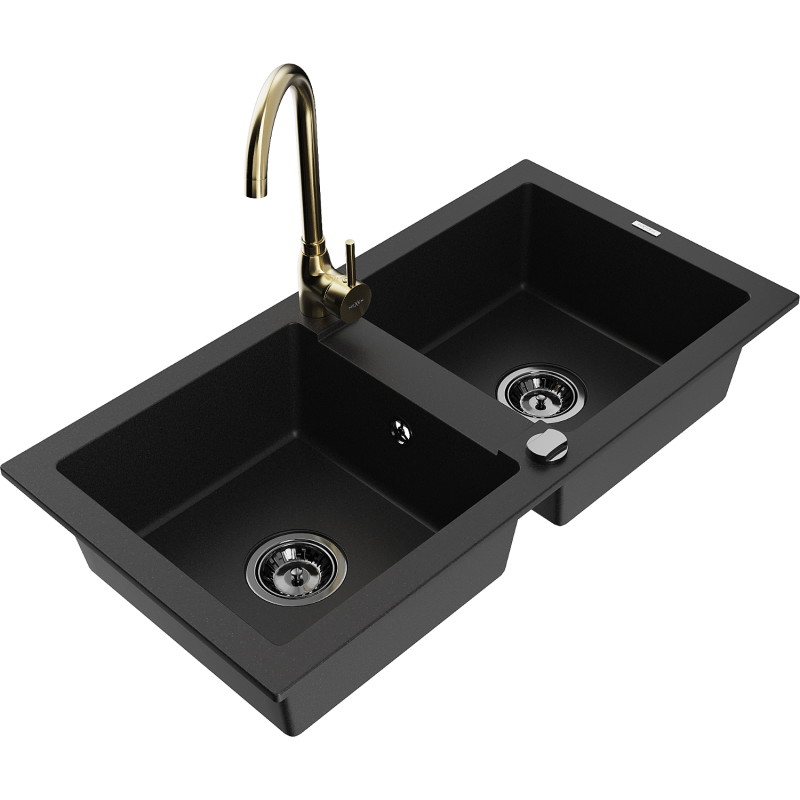Mexen Mario fregadero de granito de 2 senos con grifo de cocina Telma, negro - 6504-77-670200-50-B