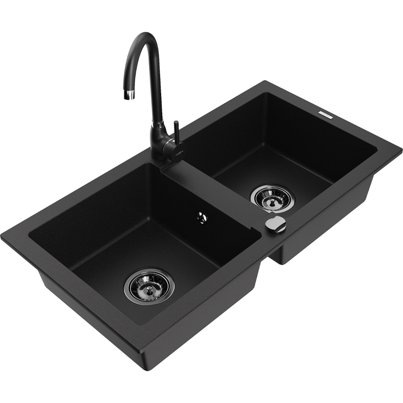 Mexen Mario granite sink 2-bowl with Telma kitchen tap, black - 6504-77-670200-70-B