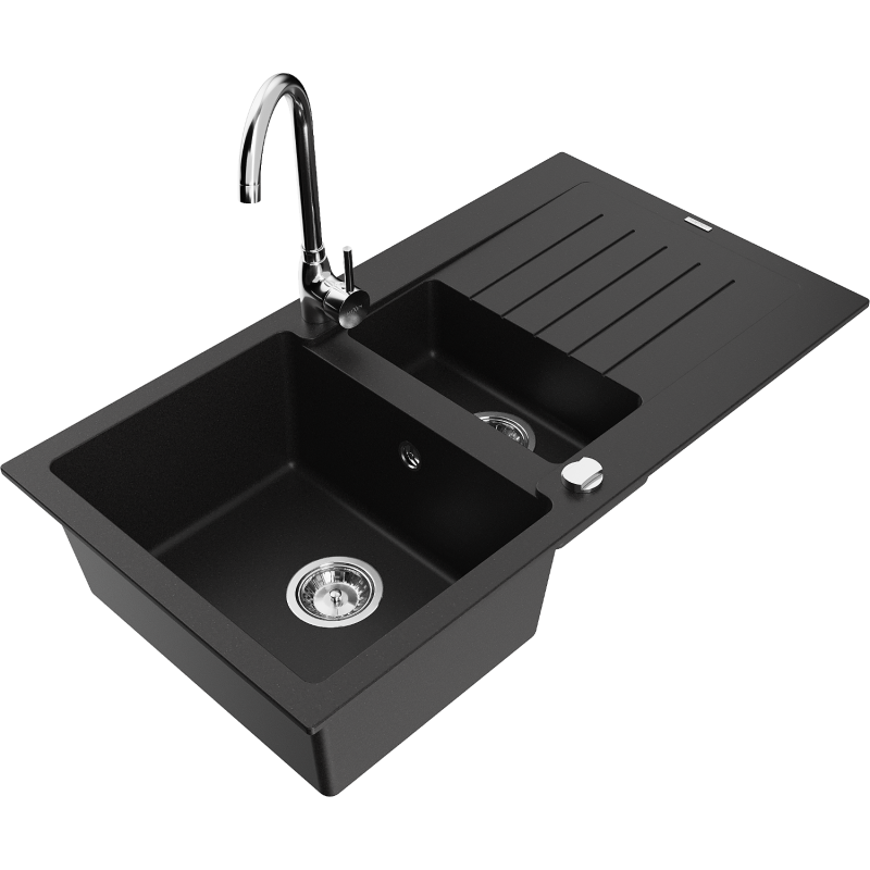 Mexen Matias 1.5 Bowl Granite Sink with Drainer and Telma Kitchen Tap, Black - 6502-77-670200-00