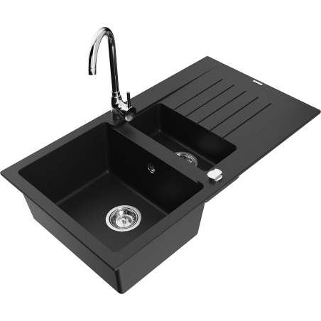 Mexen Matias 1.5 Bowl Granite Sink with Drainer and Telma Kitchen Tap, Black - 6502-77-670200-00