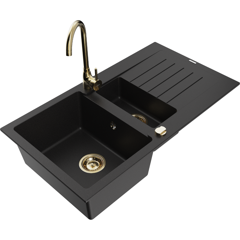 Mexen Matias graniittinen 1,5-altaainen keittiöallas tippalevyllä ja Telma-keittiöhanalla, musta - 6502-77-670200-50