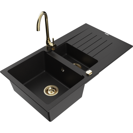 Mexen Matias Granite Sink 1.5-Bowl with Drainer and Telma Kitchen Tap, Black - 6502-77-670200-50