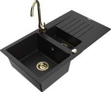 Mexen Matias fregadero de granito de 1,5 senos con escurridor y grifo de cocina Telma, negro - 6502-77-670200-50