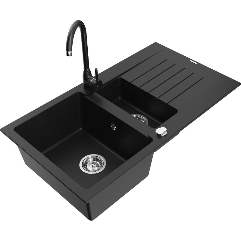 Mexen Matias graniittinen 1,5-altaainen tiskiallas kuivaimella ja Telma keittiöhanalla, musta - 6502-77-670200-70