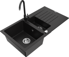 Mexen Matias fregadero de granito 1,5 tazones con escurridor y grifo de cocina Telma, negro - 6502-77-670200-70