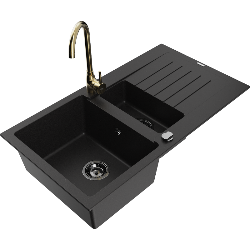 Mexen Matias fregadero de granito 1,5-bandejas con escurridor y grifo de cocina Telma, negro - 6502-77-670200-50-B